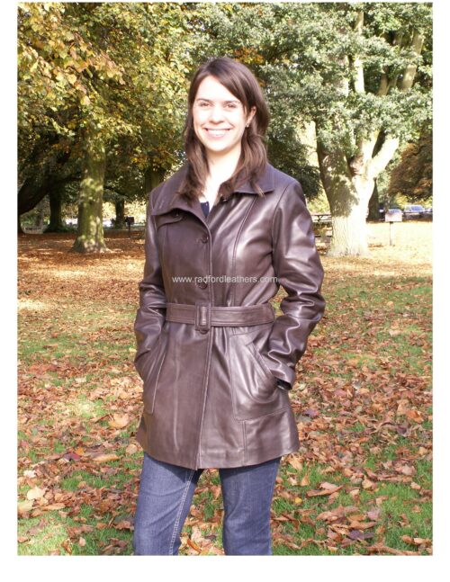 Ladies 3/4 length ladies leather trench coat - Image 2
