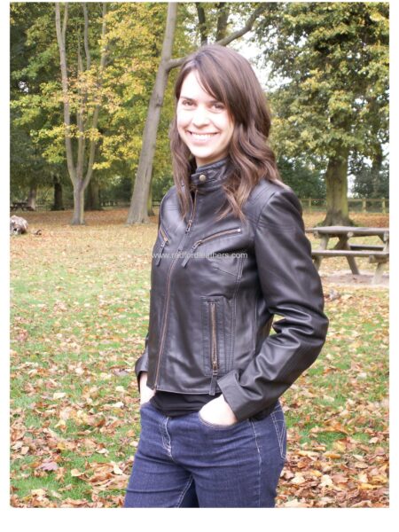 Ladies Leather Biker Jacket with Zip