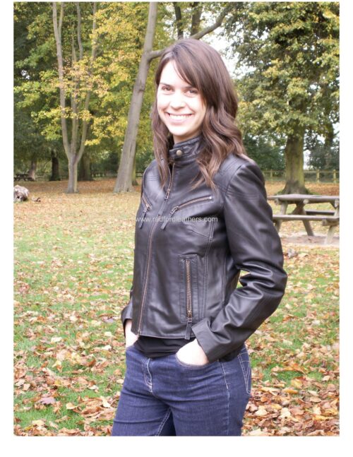 Ladies Leather Biker Jacket with Zip