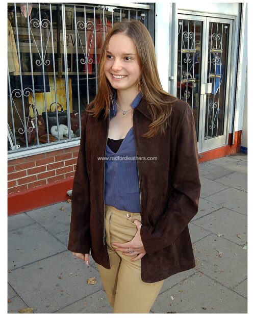 Ladies Zipped Nubuck Short Leather Jacket