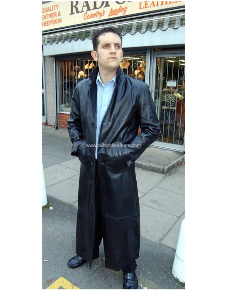 Men's Long Leather Single Breasted Coat