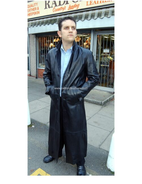 Men's Long Leather Single Breasted Coat