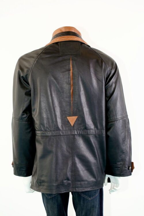 Men's Black Leather Contrast Parka Coat - Image 3