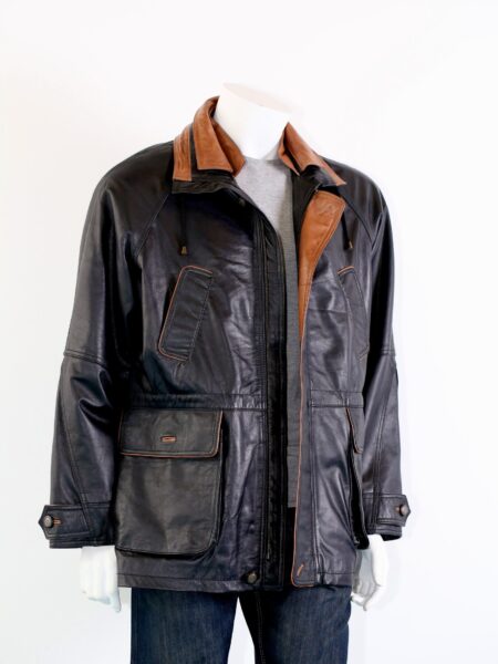 Men's Black Leather Contrast Parka Coat