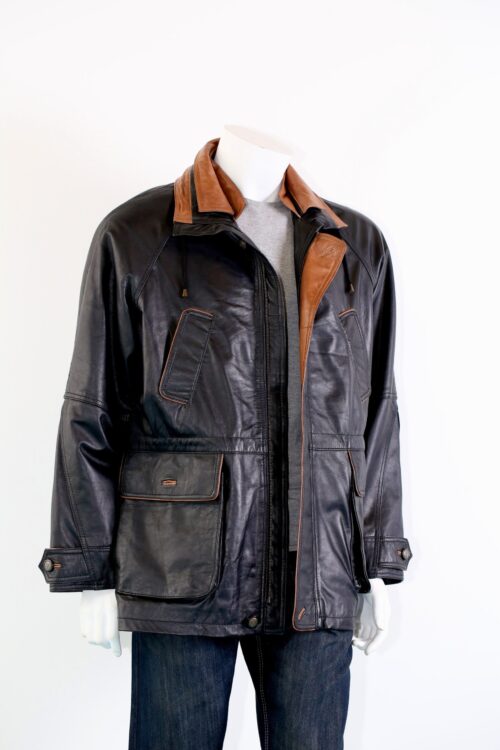 Men's Black Leather Contrast Parka Coat