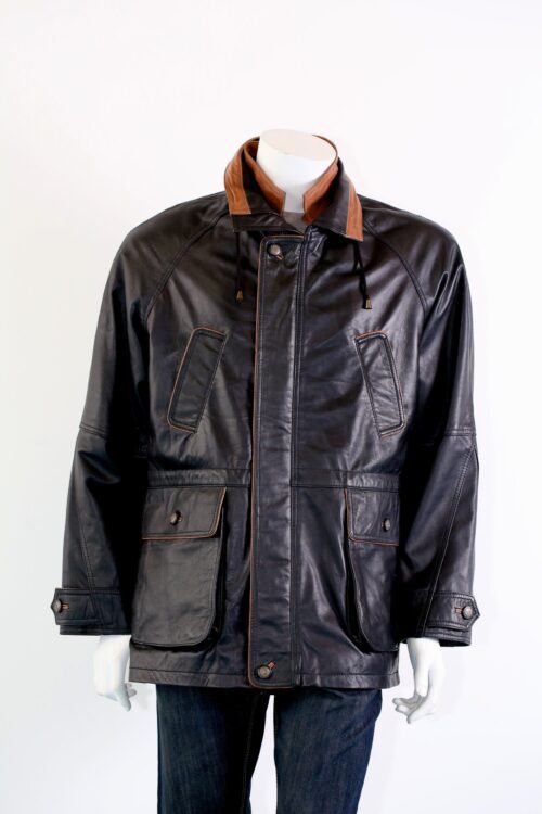 Men's Black Leather Contrast Parka Coat - Image 2