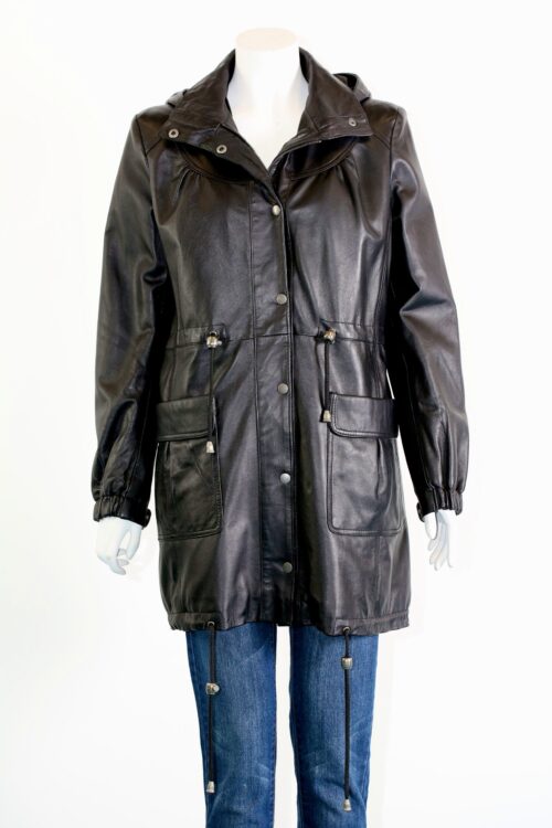 Women's Hooded Leather Parka Coat