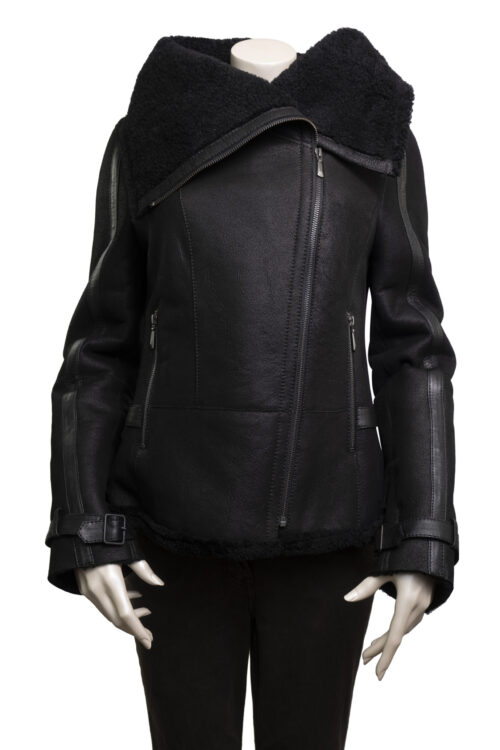 Ladies Black Sheepskin Biker Jacket - Image 4