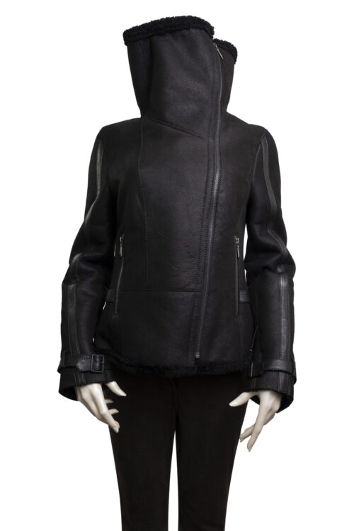 Ladies Black Sheepskin Biker Jacket - Image 5