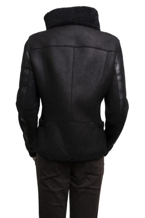 Ladies Black Sheepskin Biker Jacket - Image 9