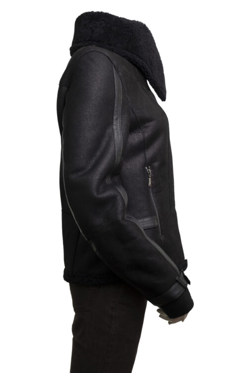 Ladies Black Sheepskin Biker Jacket - Image 8