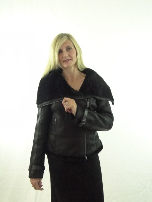 Ladies Black Sheepskin Biker Jacket - Image 2