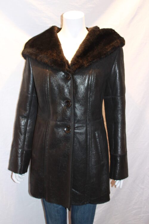 Ladies Tie-Belt Black Hooded Sheepskin Coat with Caped Collar - Image 2