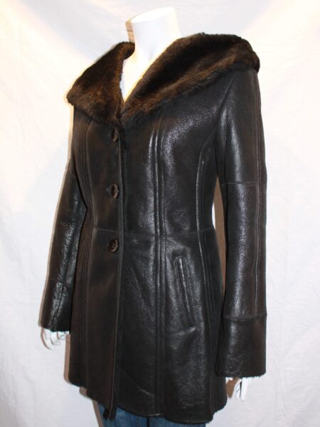 Ladies Tie-Belt Black Hooded Sheepskin Coat with Caped Collar