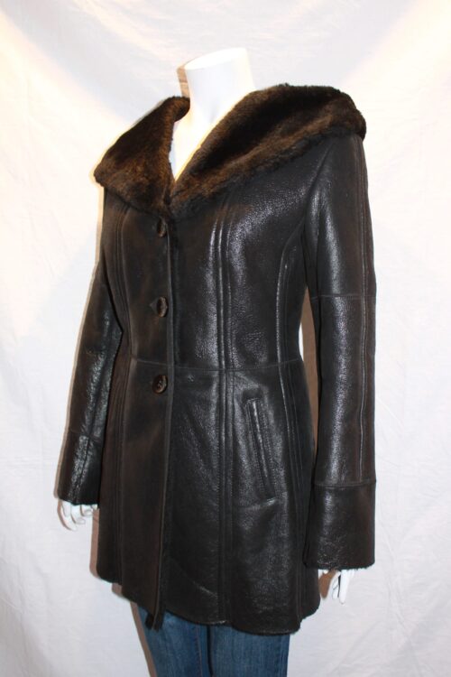 Ladies Tie-Belt Black Hooded Sheepskin Coat with Caped Collar