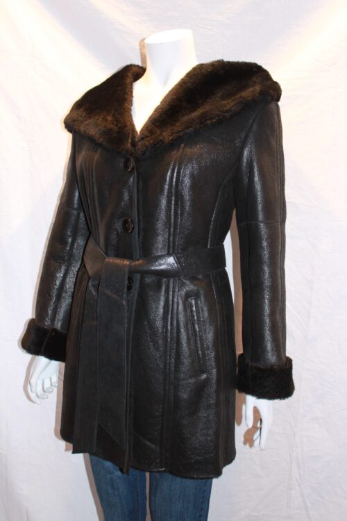 Ladies Tie-Belt Black Hooded Sheepskin Coat with Caped Collar - Image 3