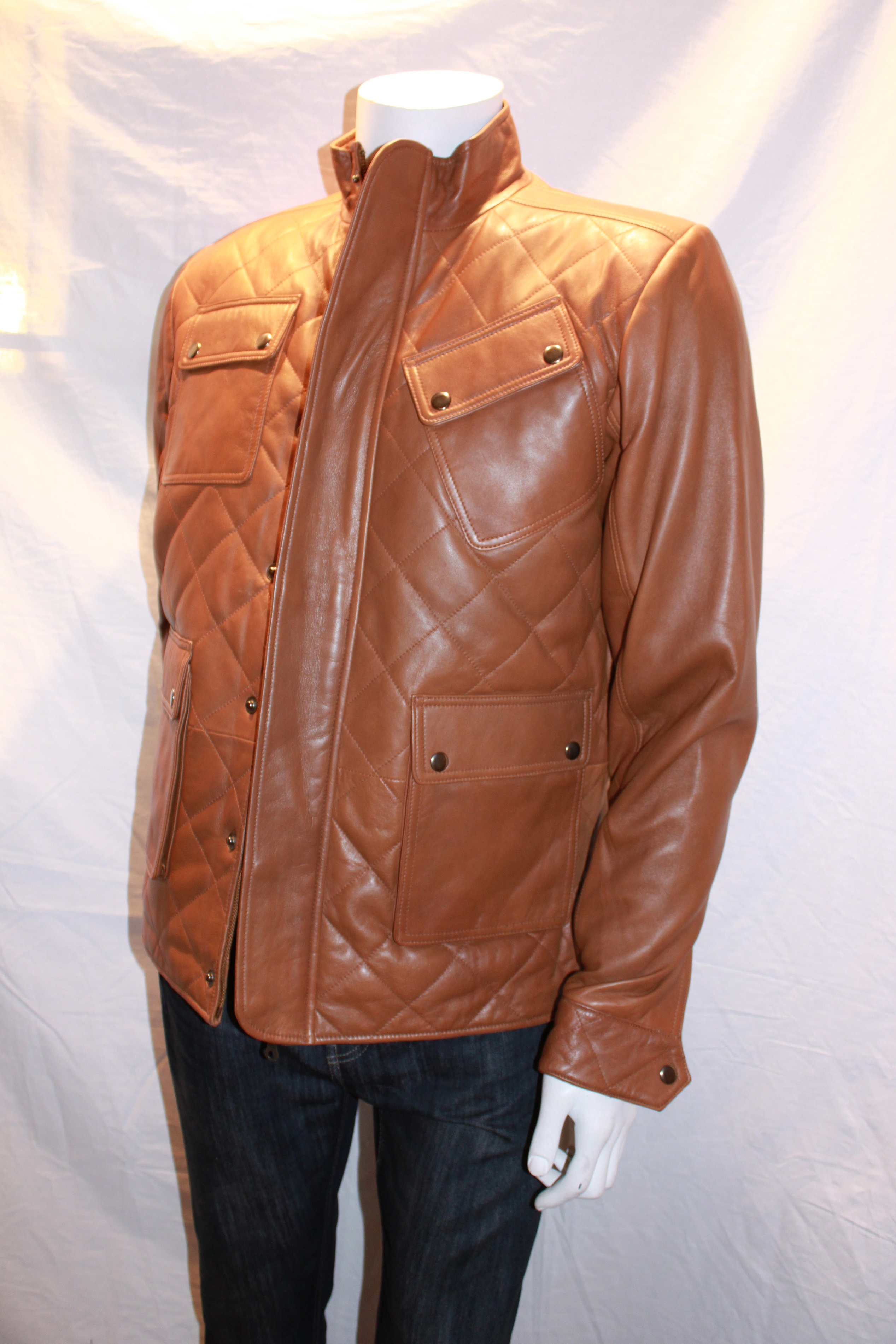 Men S Quilted Stitched Leather Jacket Available In Tan Navy And Black