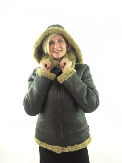 Ladies Brown Sheepskin Flying Jacket with detachable hood