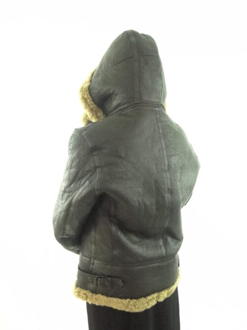 Ladies Brown Sheepskin Flying Jacket with detachable hood (Brown Wool) - Image 2