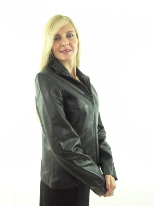 Ladies Short Black Leather Jacket - Image 2