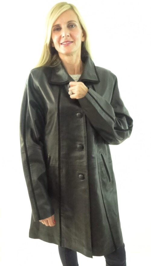 Stylish Ladies Black Leather and Suede Contrast 3/4 length jacket - Image 2