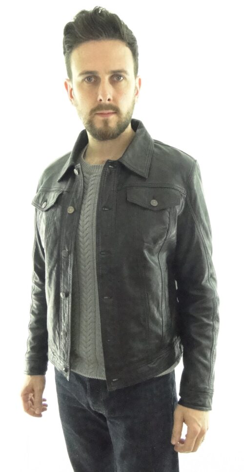 Men's Leather Denim Style Jacket in Black