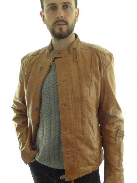 Mens Vintage Look Biker Leather Jacket in Tan