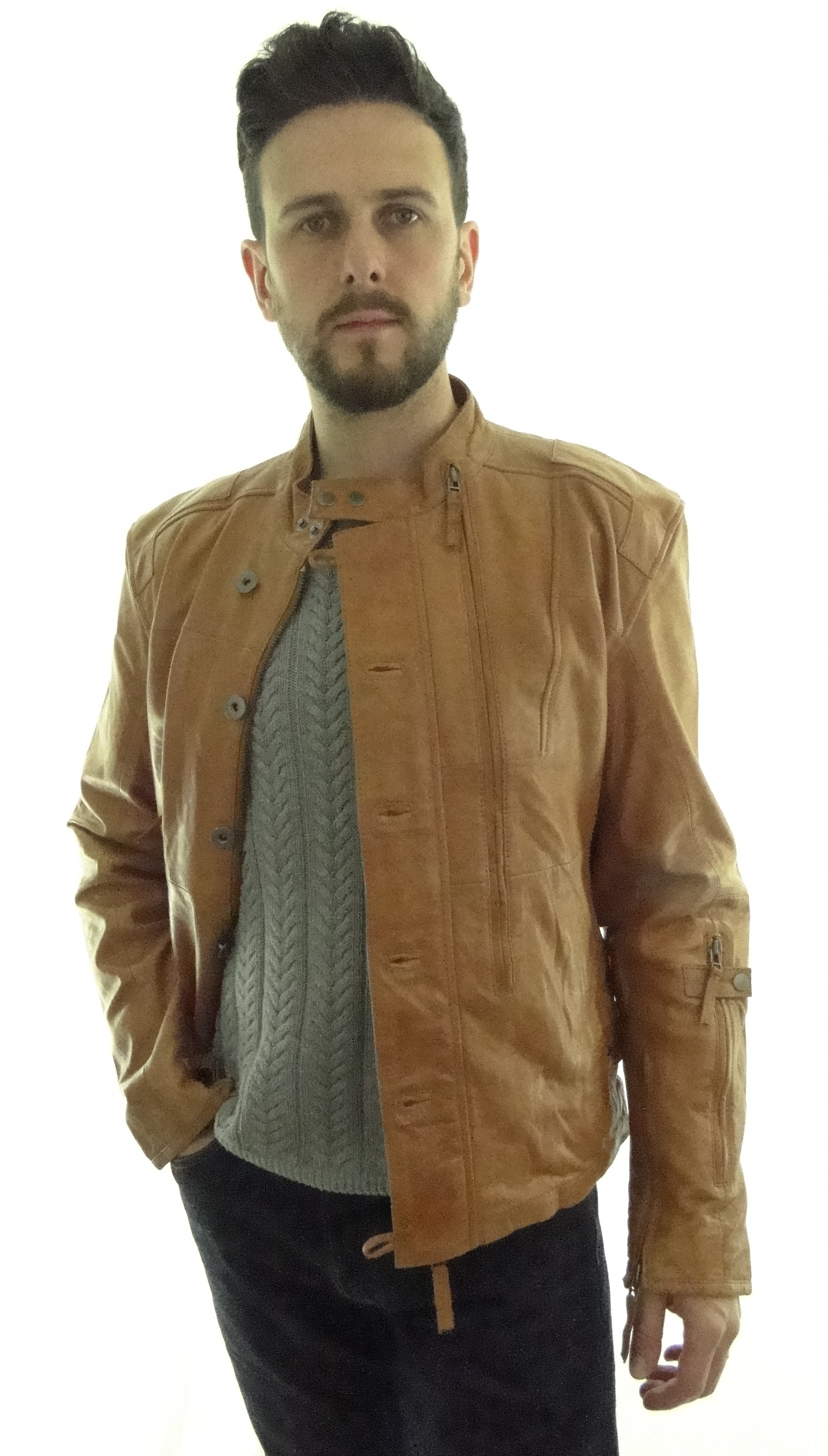 Mens Vintage Look Biker Leather Jacket In Tan