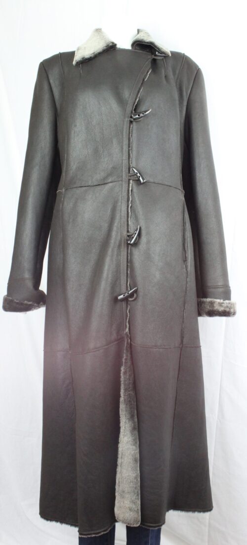 Ladies Long Sheepskin Coat in Black and Brown - Image 2