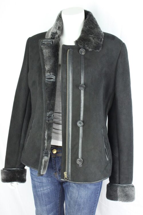 Ladies Button and Zip Sheepskin Coat in Black - Image 2