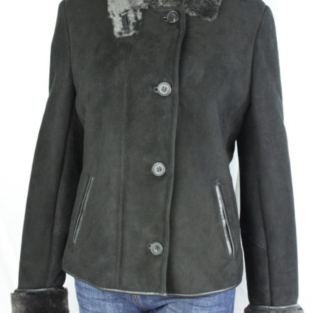 Ladies Button and Zip Sheepskin Coat in Black