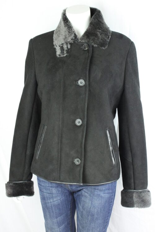 Ladies Button and Zip Sheepskin Coat in Black