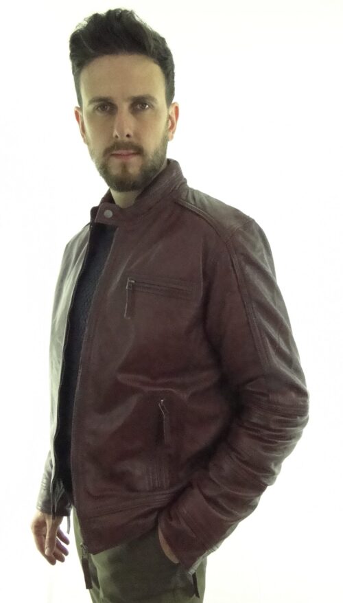 Men's Burgundy Colour Biker Leather Jacket - Image 2