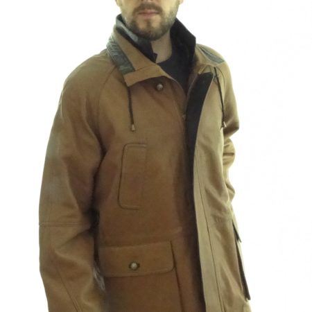 Men's Tan Contrast Leather Parka Coat