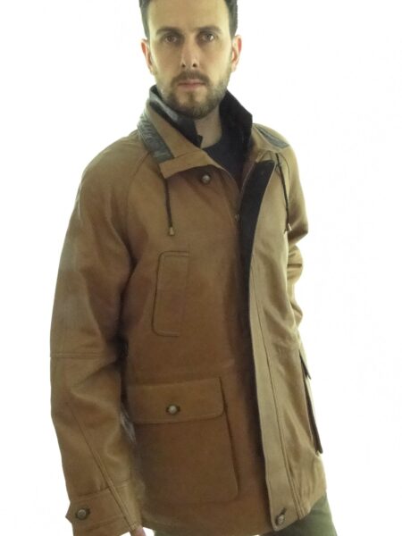 Men's Tan Contrast Leather Parka Coat