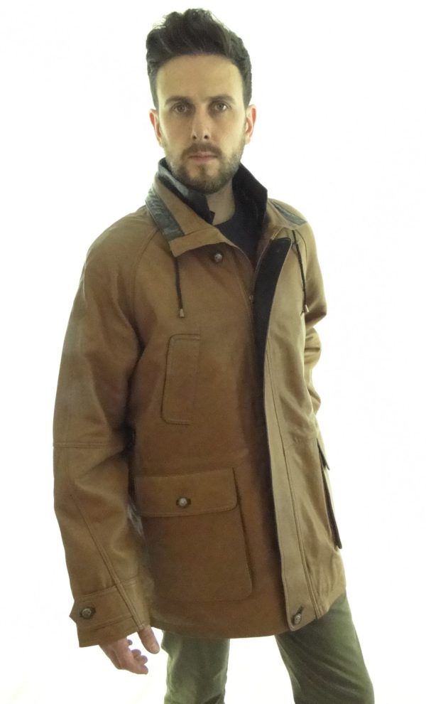 Men's Tan Contrast Leather Parka Coat