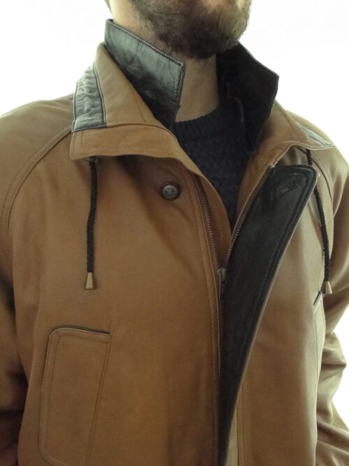 Men's Tan Contrast Leather Parka Coat