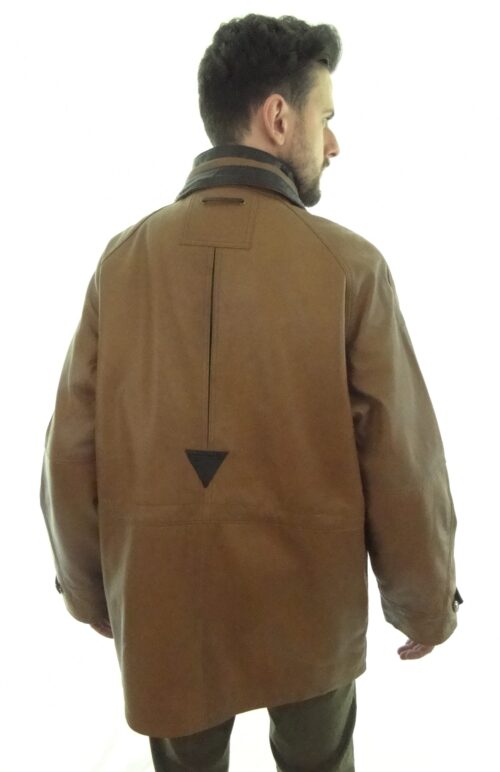 Men's Tan Contrast Leather Parka Coat - Image 4