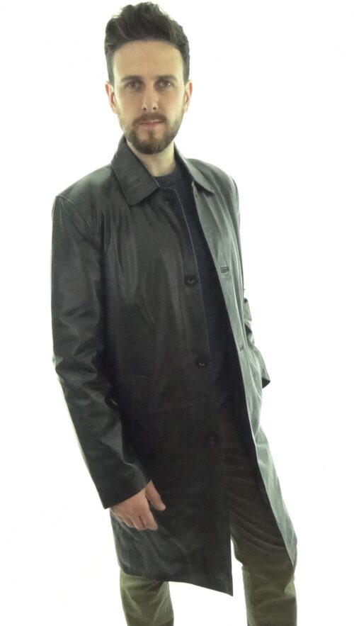 Collared 7/8 Style Black Leather Coat