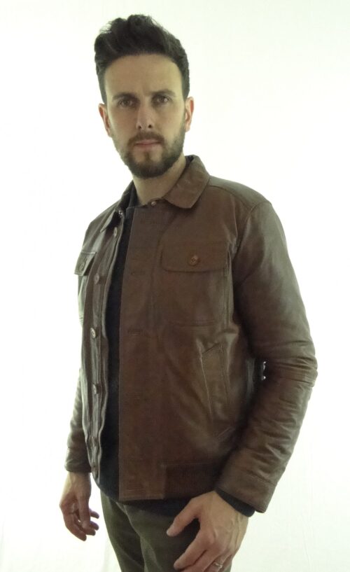 Mens Bomber Leather Jacket in Tan - Image 2