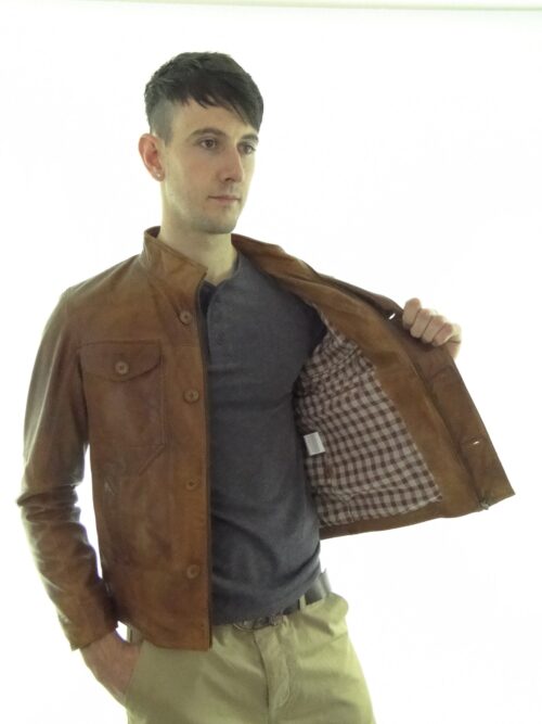 Men's Leather Jacket in Tan and Black - Image 4