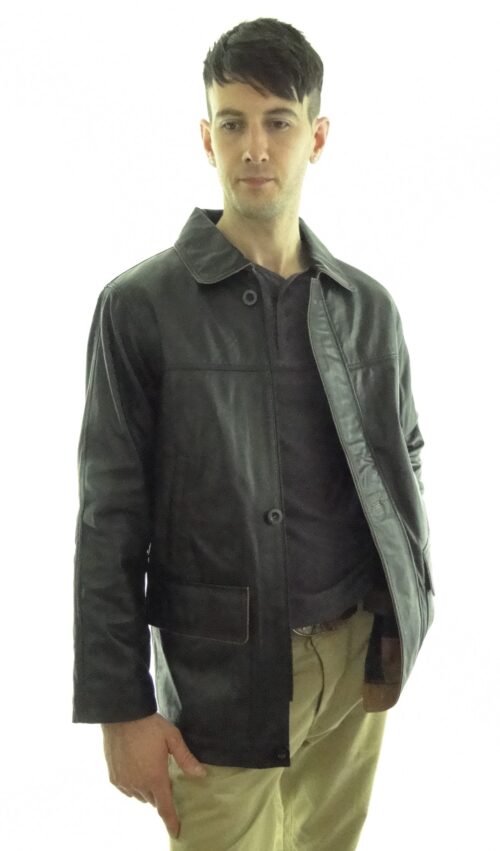 Men's Black Leather Overcoat