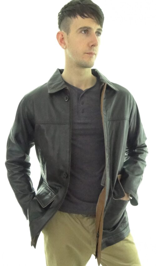 Men's Black Leather Overcoat