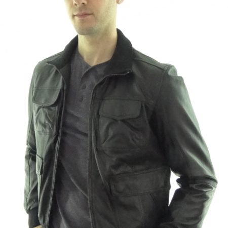 Men's Leather Bomber Jacket in Black