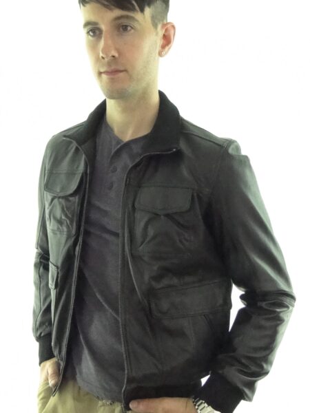 Men's Leather Bomber Jacket in Black