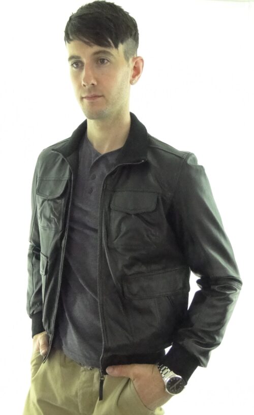 Men's Leather Bomber Jacket in Black