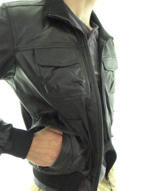 Men's Leather Bomber Jacket in Black