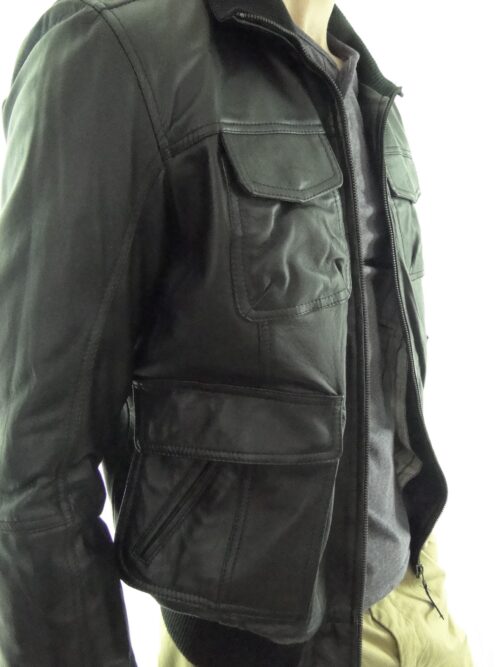 Men's Leather Bomber Jacket in Black - Image 2