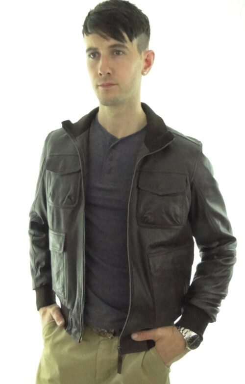 Men's Leather Bomber Jacket in Brown