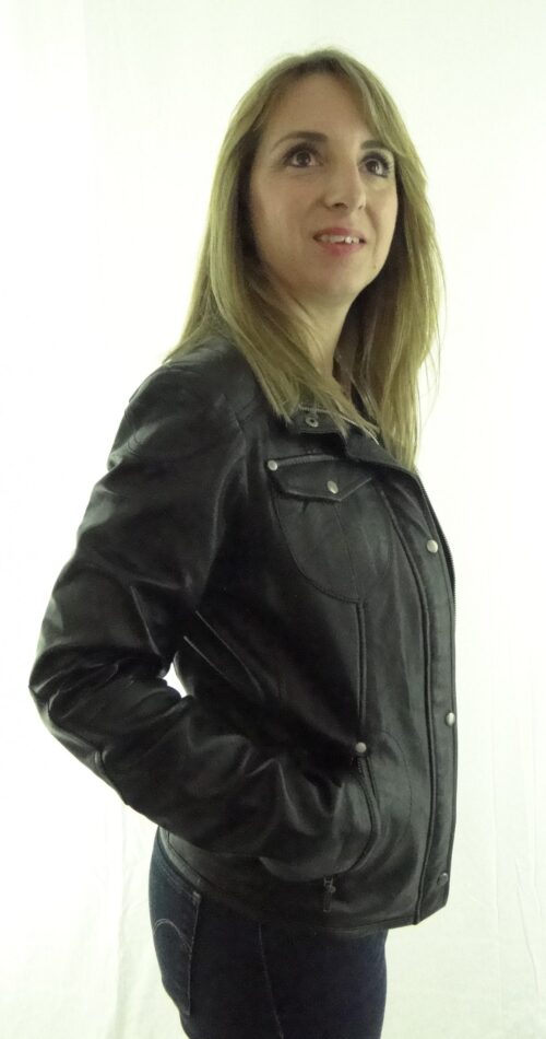 Ladies Black Leather Biker Jacket - Image 3